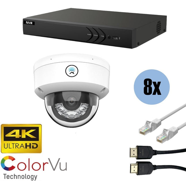 ASE Kit, 8x Dome, 8Mp 4K Ultra HD ColorVu Binnen camera, met NVR en bekabeling