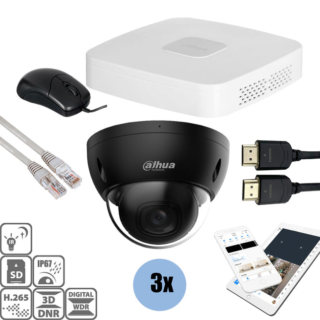 Dahua Black kit 3x Dome 4MP + Recorder & Bekabeling