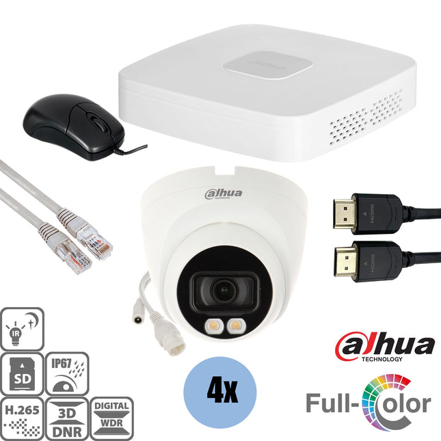 Dahua Set 4x Turret Full-Color 4MP + Recorder & Bekabeling