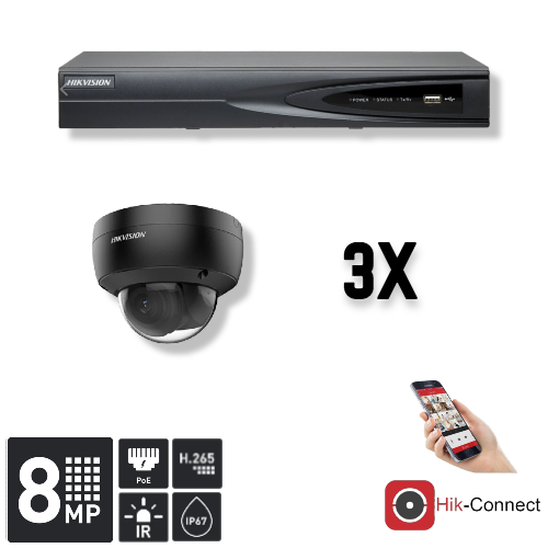 Hikvision Set 3x Dome 8MP + Recorder & Bekabeling