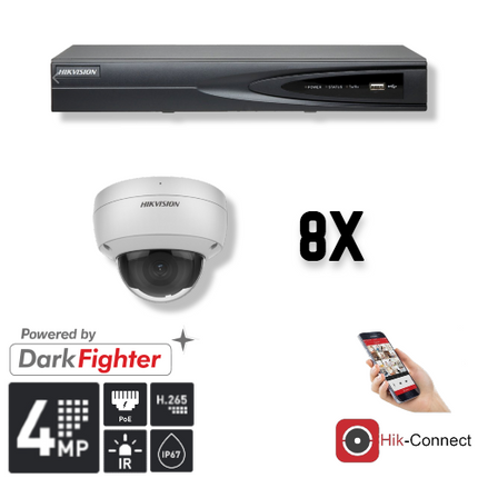 Hikvision Set 8x Dome 4MP + Recorder & Bekabeling